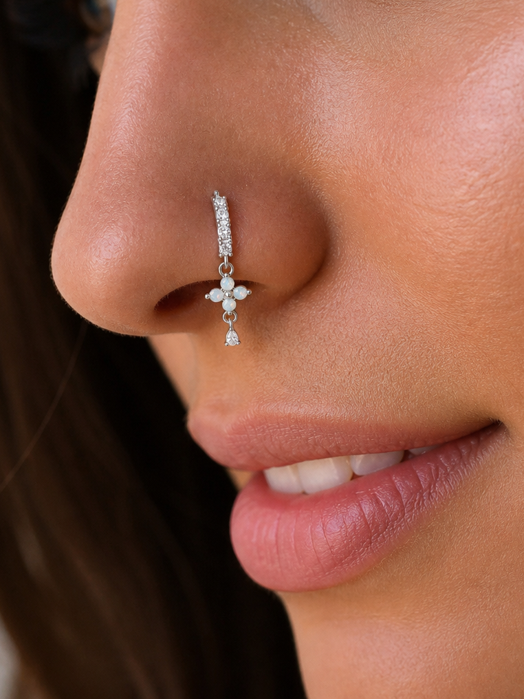 Opal Cross Drop Nose Ring – Charm Hoop (20G)