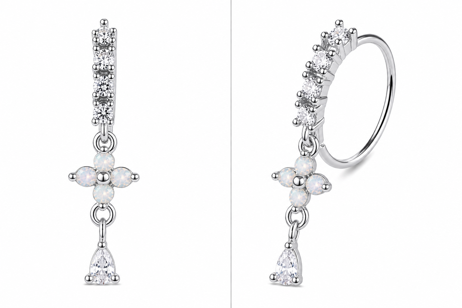 Opal Cross Drop Nose Ring – Charm Hoop (20G)