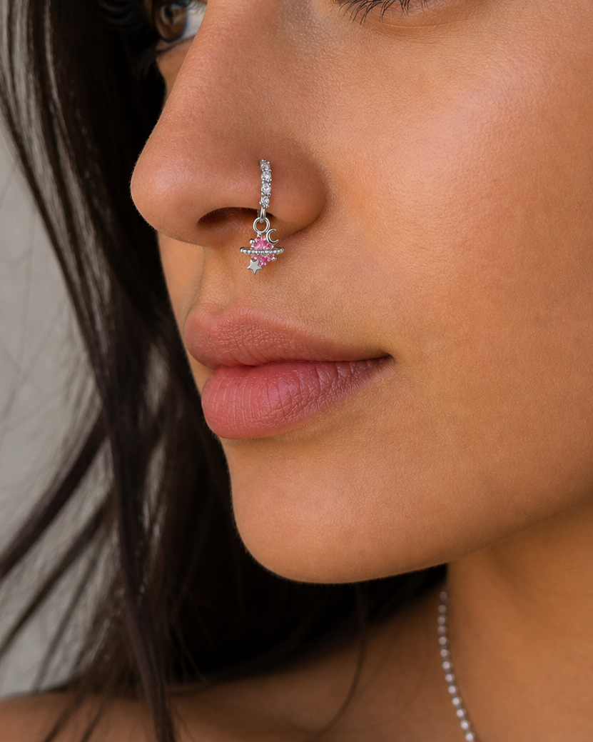 Cosmic Dream Charm Nose Ring – Celestial Drop Hoop (20G)